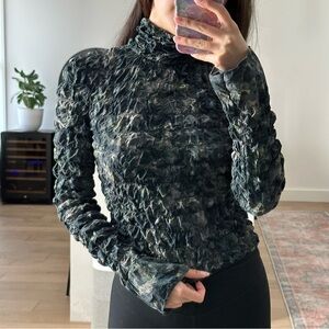 & OTHER STORIES green and black ruffled floral turtleneck top